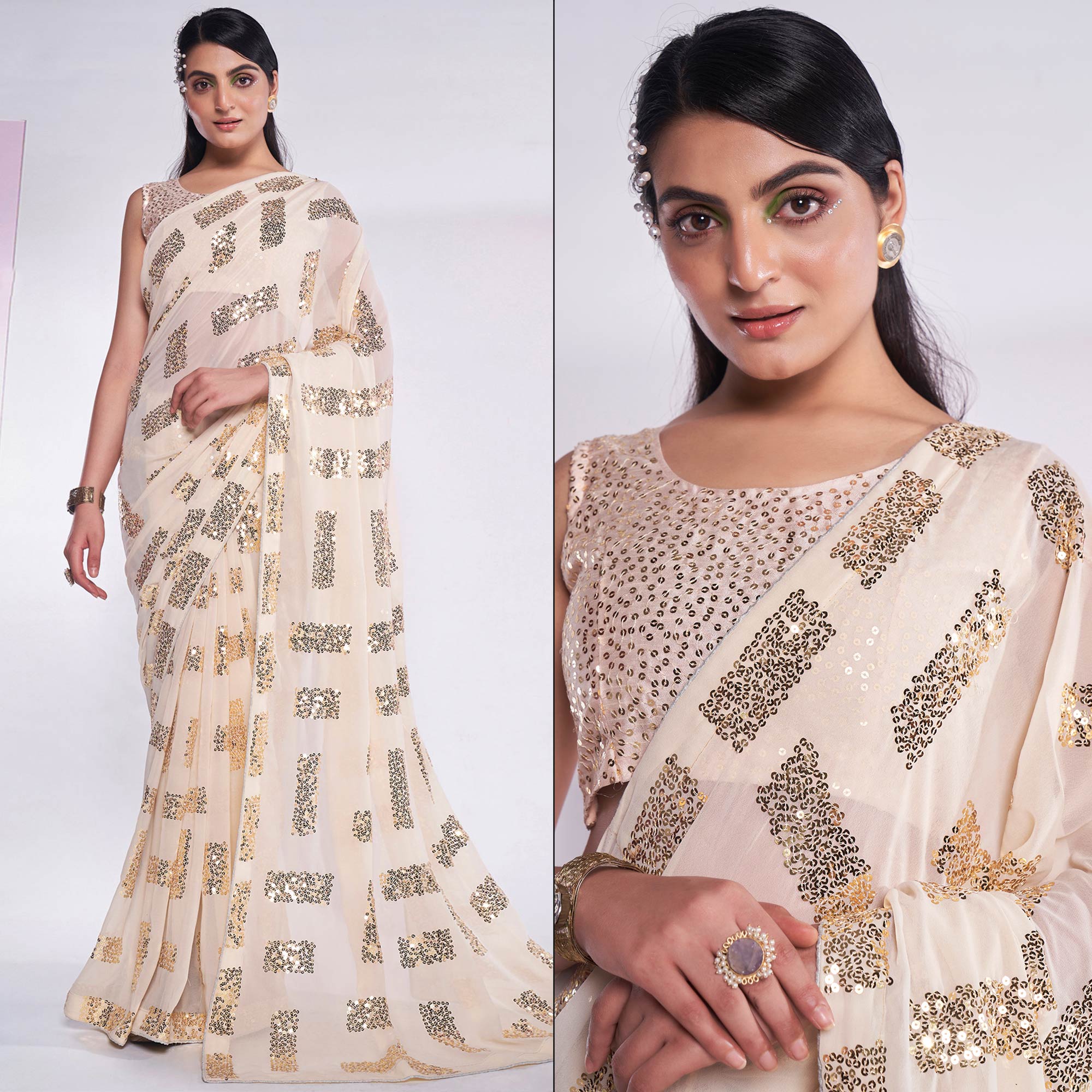 Cream Sequins Embroidered Georgette Saree