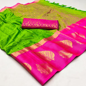 Parrot Green Woven Cotton Silk Saree With Tassels