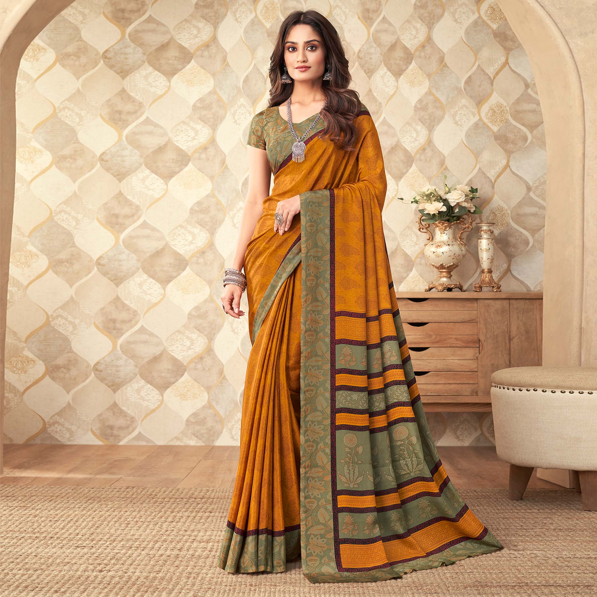 Mustard Printed Crepe Saree
