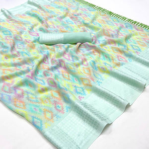 Sea Green Printed Georgette Saree With Tassels