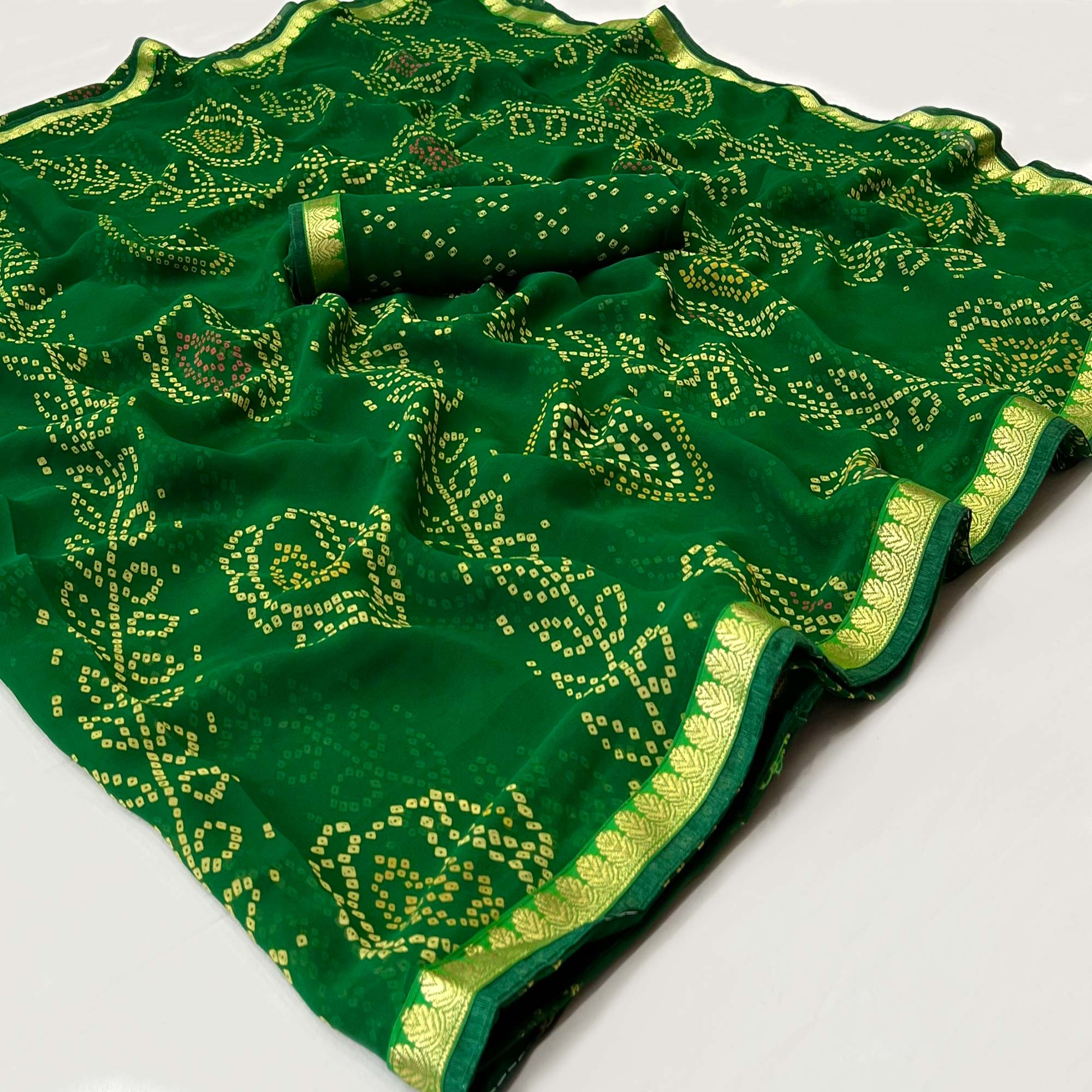 Green Bandhani Printed Georgette Saree With Designer Border