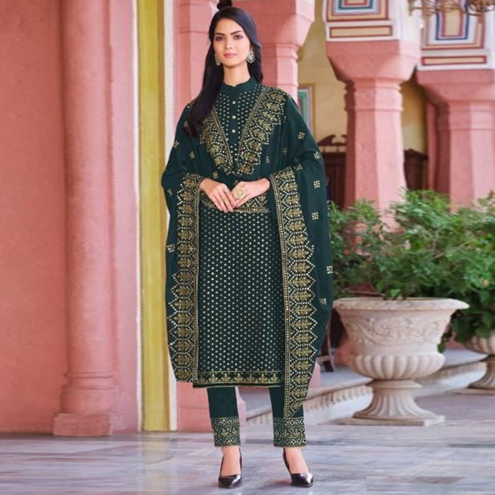 Green Embroidered Georgette Salwar Suit