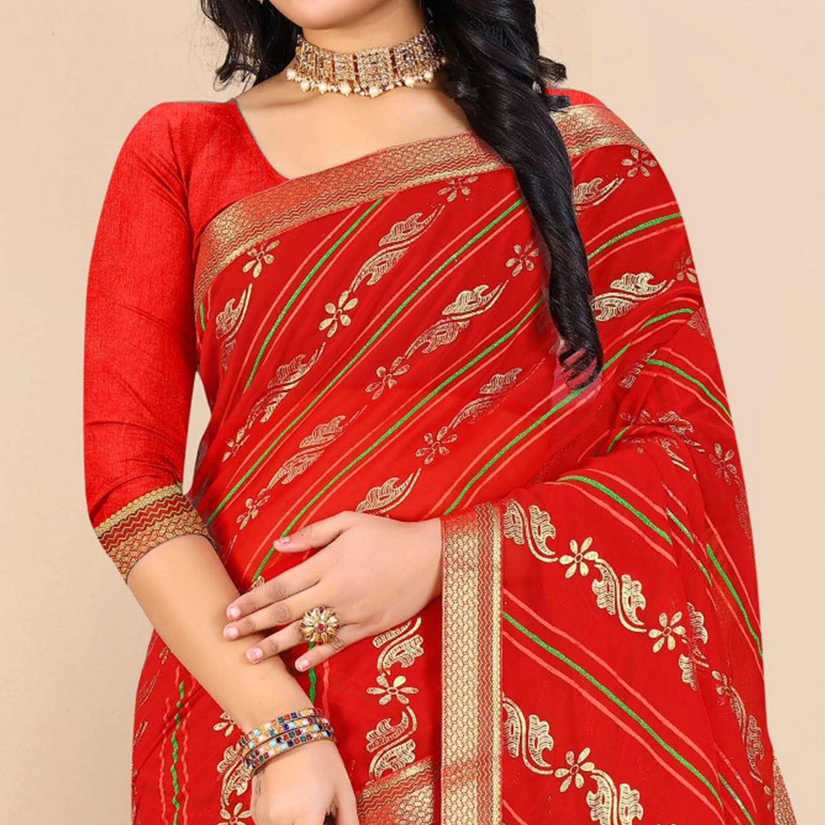 Red Foil Printed Georgette Saree