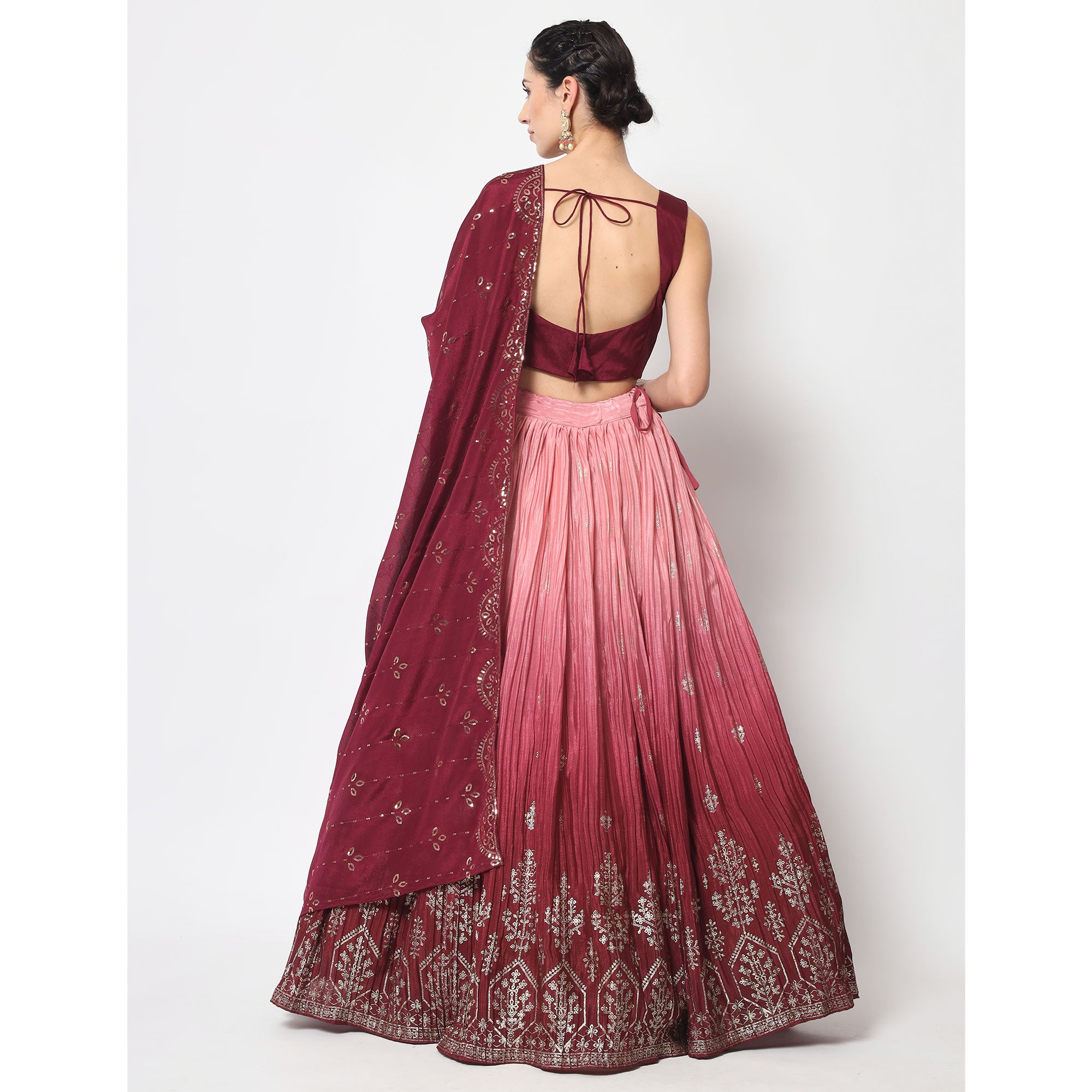 Pink & Maroon Foil Printed Chiffon Lehenga Choli