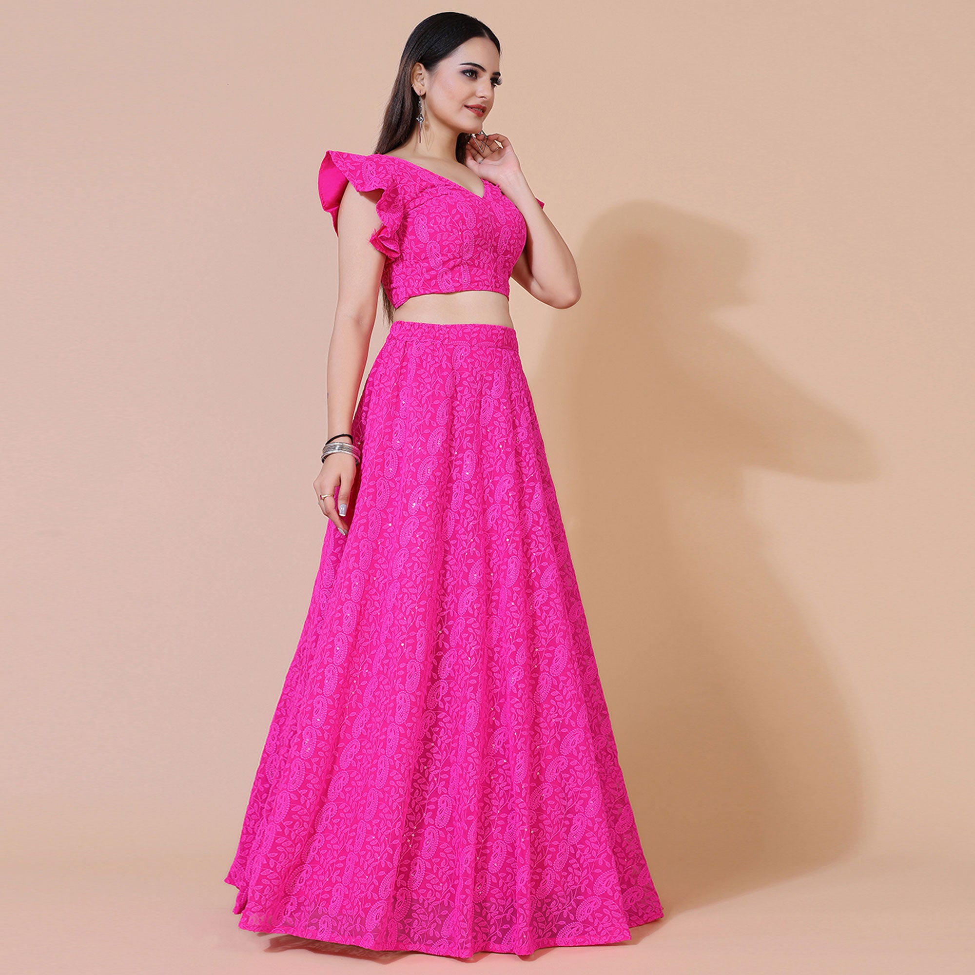 Pink Lucknowi Chikankari Work Georgette Lehenga Choli