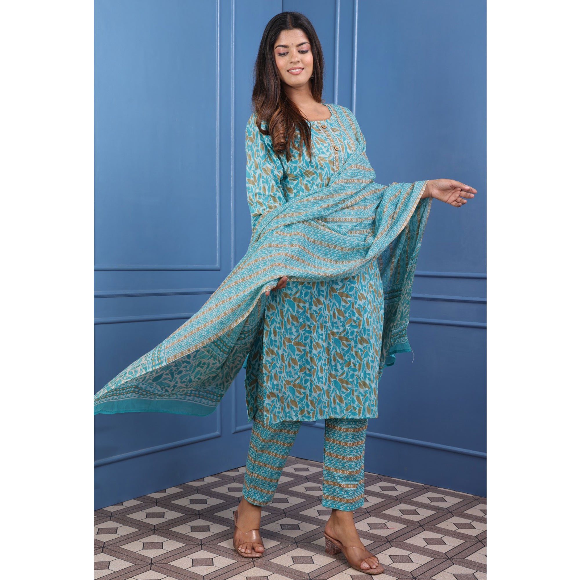 Turquoise Floral Printed Pure Cotton Suit