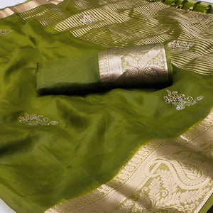 Green Floral Foil With Woven Border Organza Saree