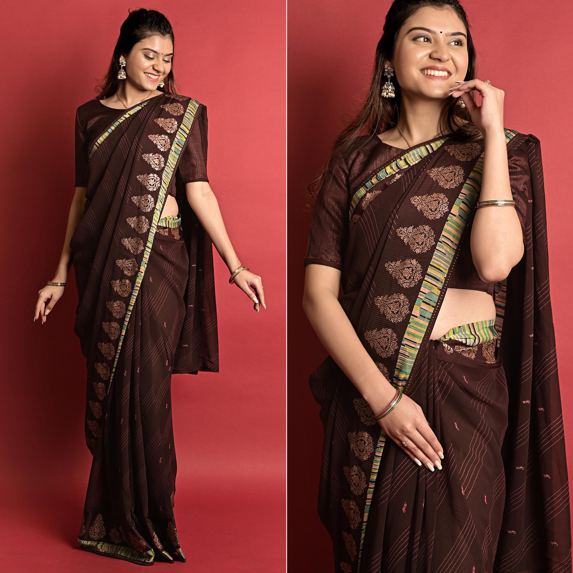 Coffee Brown Printed Georgette Saree