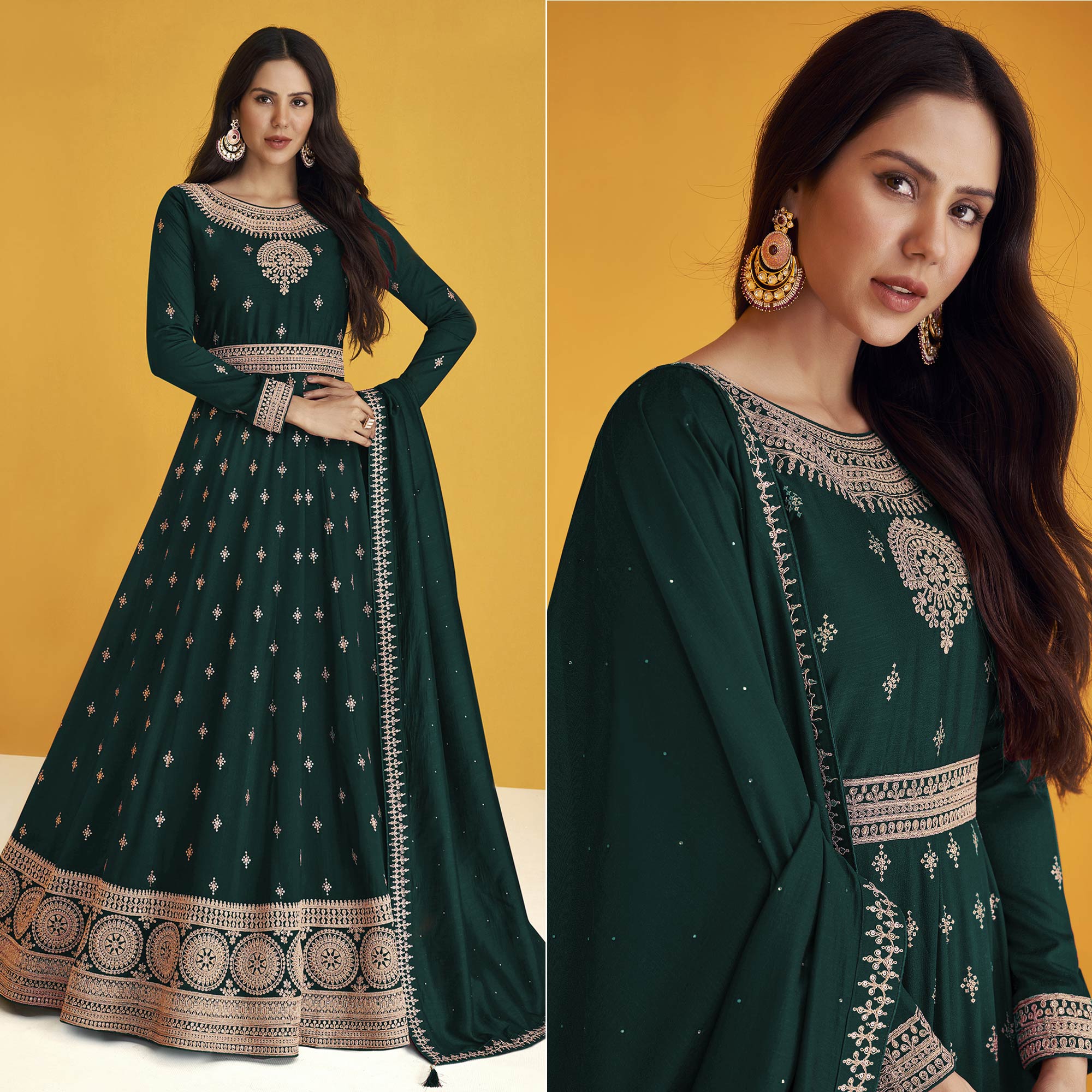 Dark Green Sequins Embroidered Georgette Semi Stitched Anarkali Suit