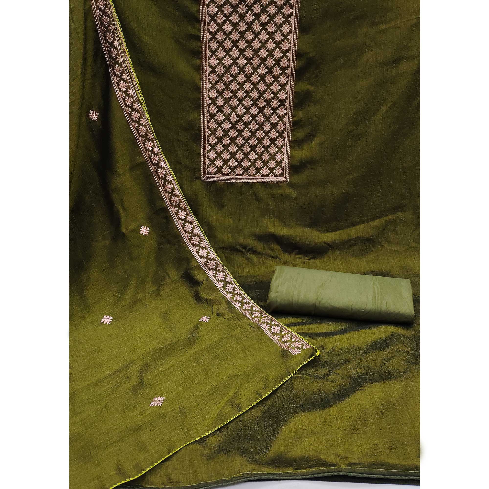 Olive Green Embroidered Modal Dress Material