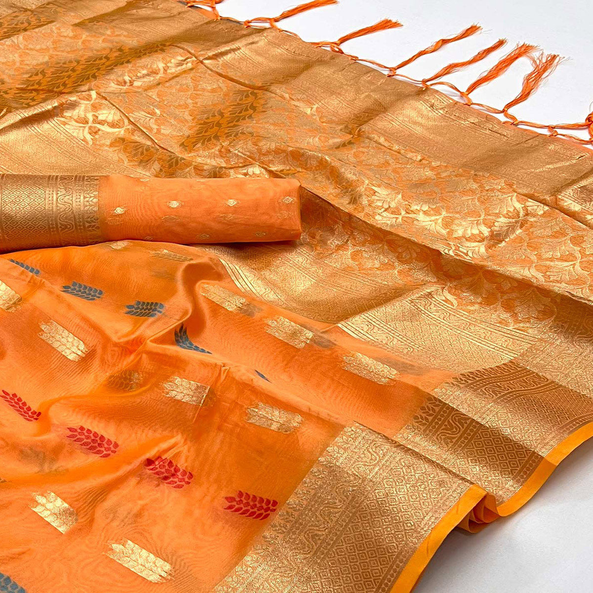 Orange Floral Woven Organza Saree