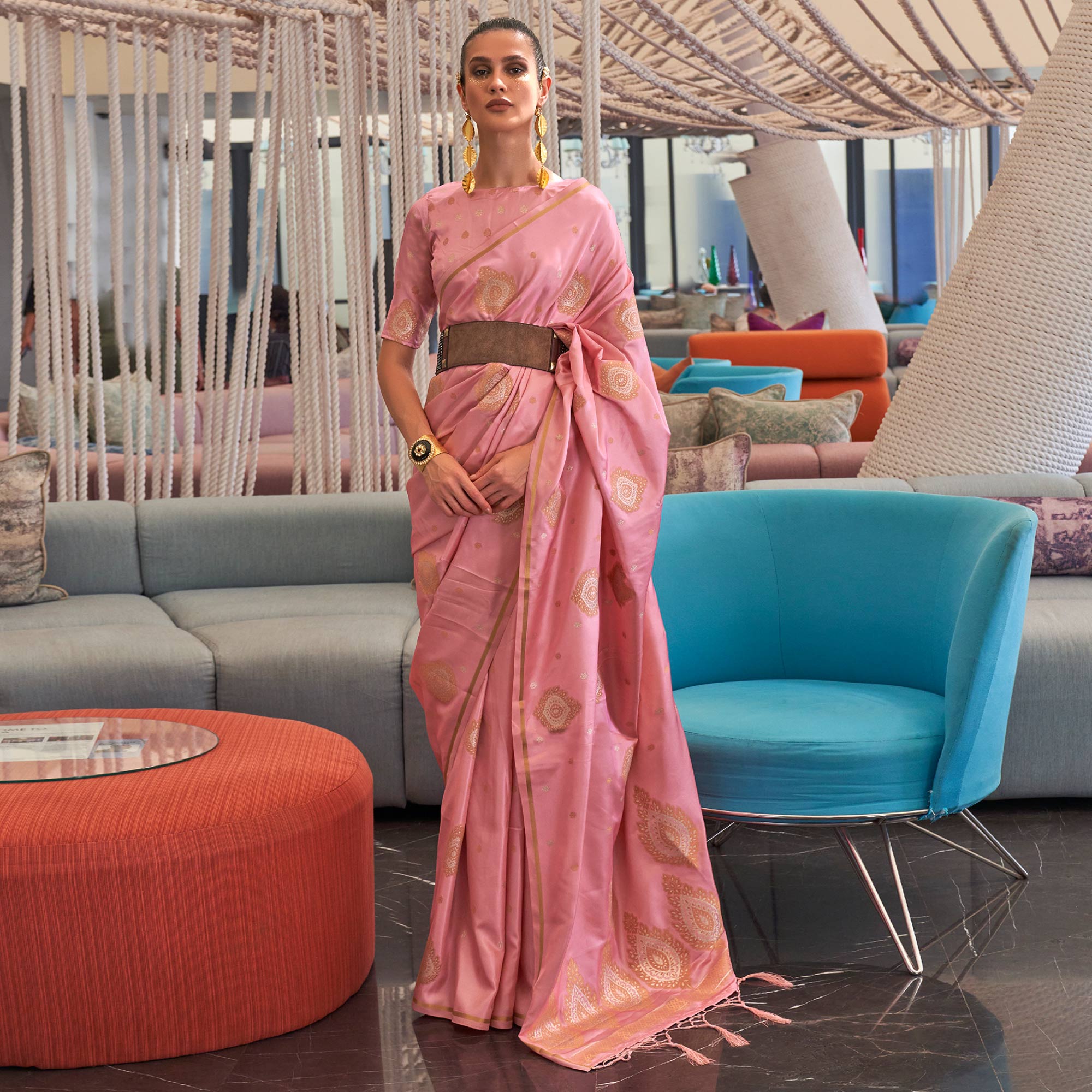 Pink Woven Satin Saree With Tassels