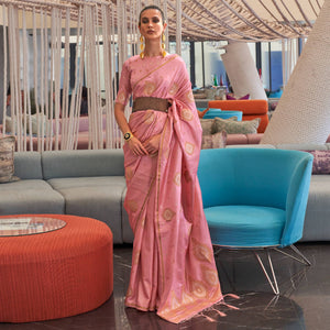 Pink Woven Satin Saree With Tassels