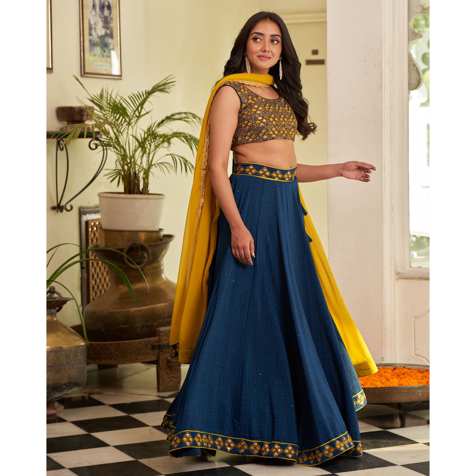 Blue Sequins Embroidered Chanderi Lehenga Choli
