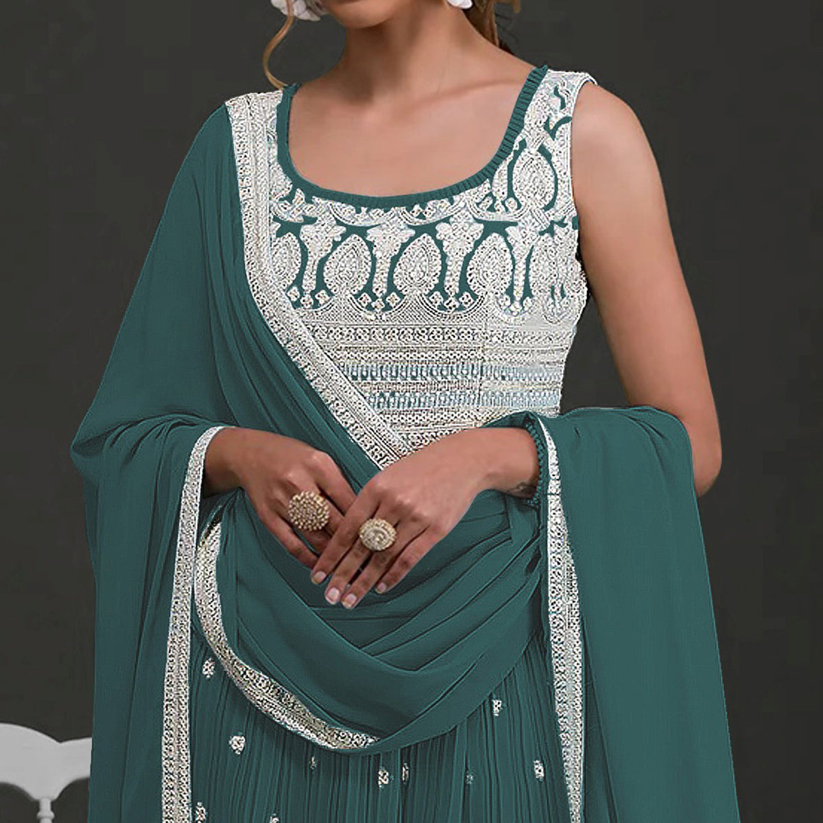 Rama Green Embroidered Georgette Naira Cut Semi Stitched Palazzo Suit