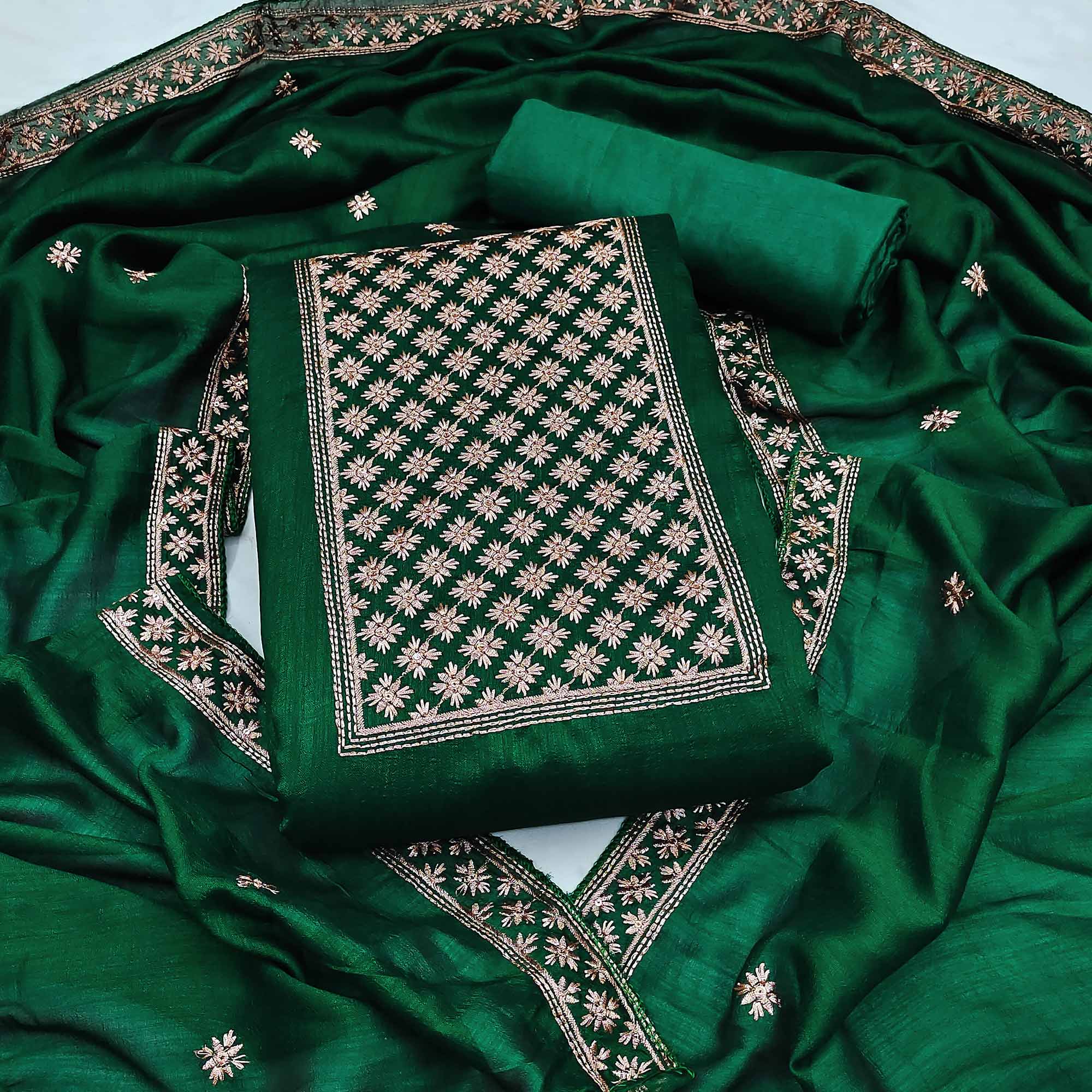 Bottle Green Embroidered Modal Dress Material