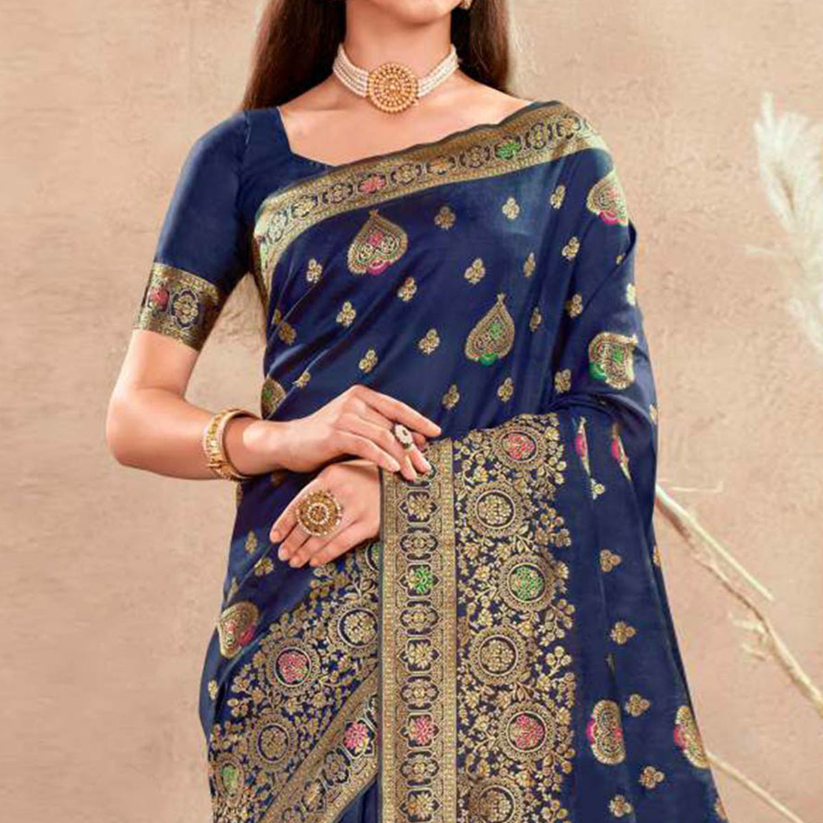 Navy Blue Floral Woven Art Silk Saree