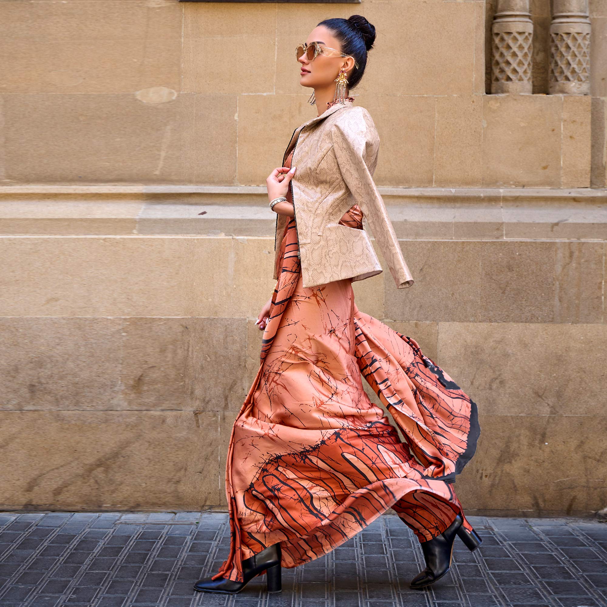 Peach Printed Crepe Saree