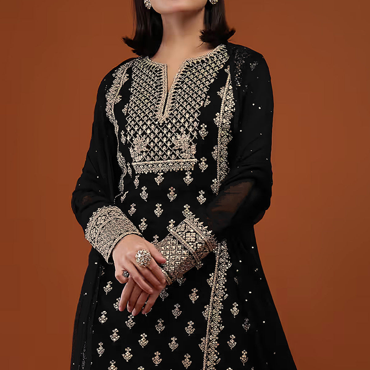 Black Sequins Embroidered Georgette Semi Stitched Palazzo Suit