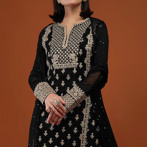 Black Sequins Embroidered Georgette Semi Stitched Palazzo Suit