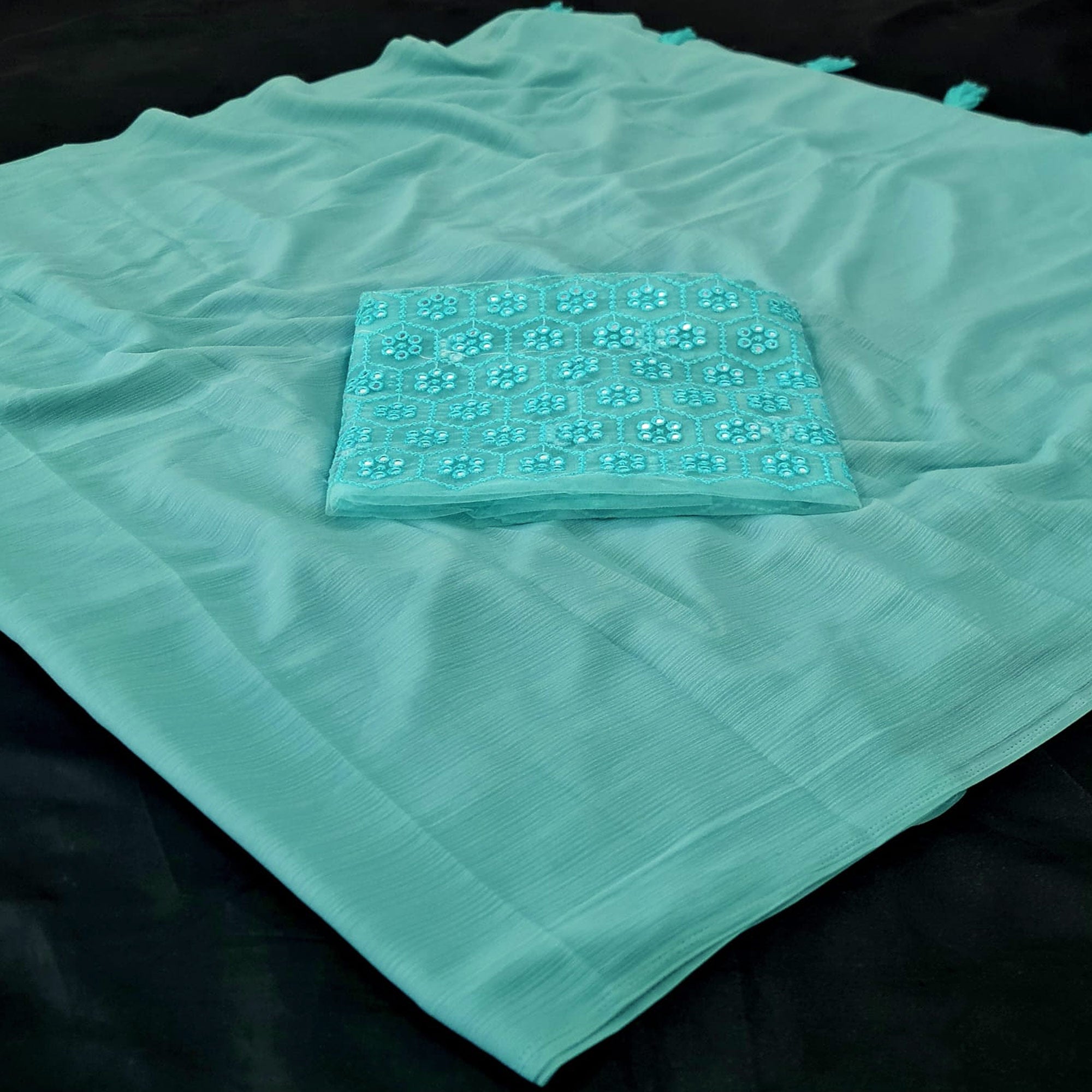 Blue Solid Chiffon Saree With Tassels