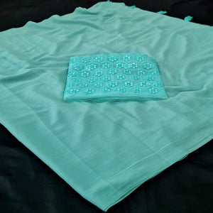 Blue Solid Chiffon Saree With Tassels
