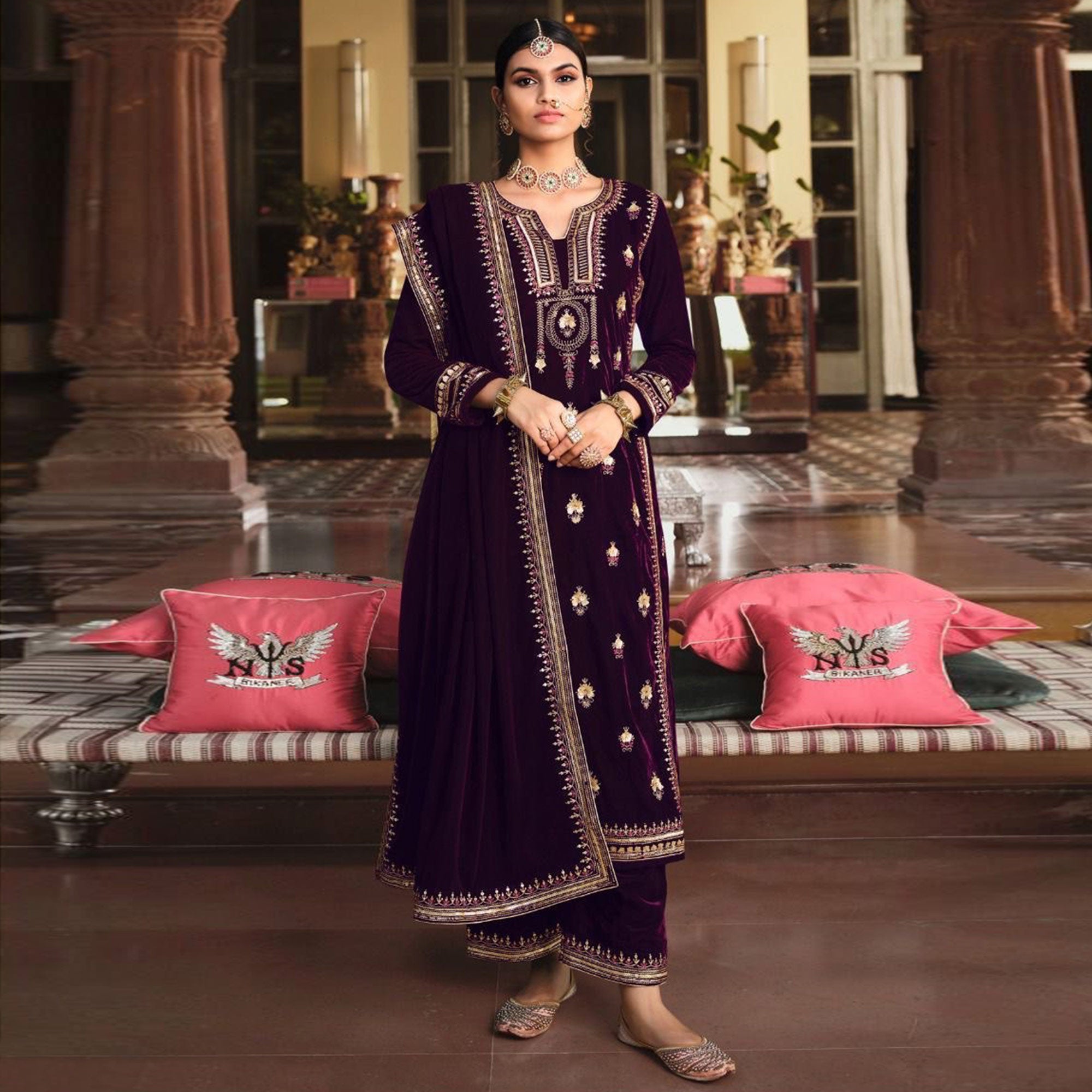 Purple Embroidered Velvet Pakistani Suit
