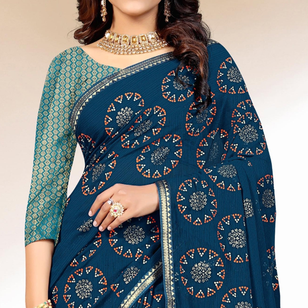 Blue Bandhani Printed Chiffon Saree