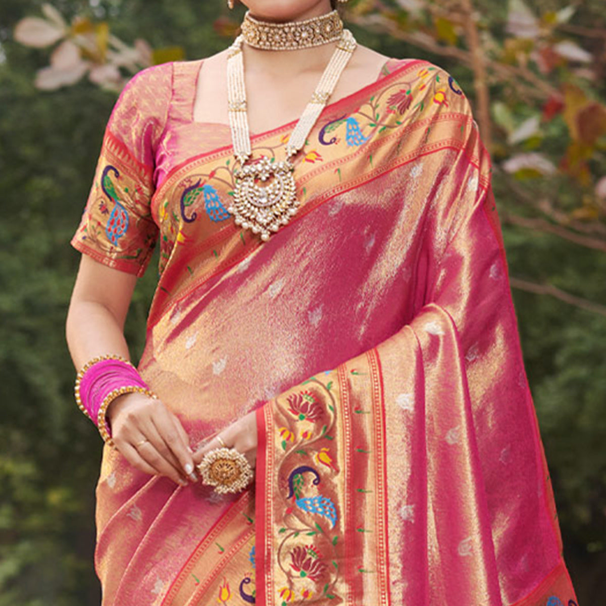 Pink Woven Art Silk Paithani Saree With Tassels