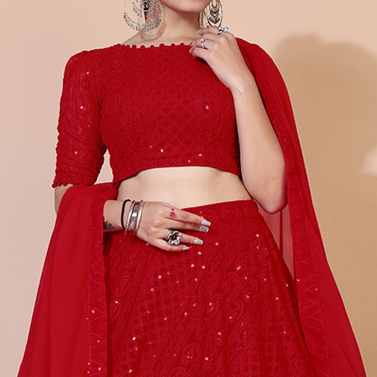 Red Lucknowi Chikankari Work Georgette Lehenga Choli