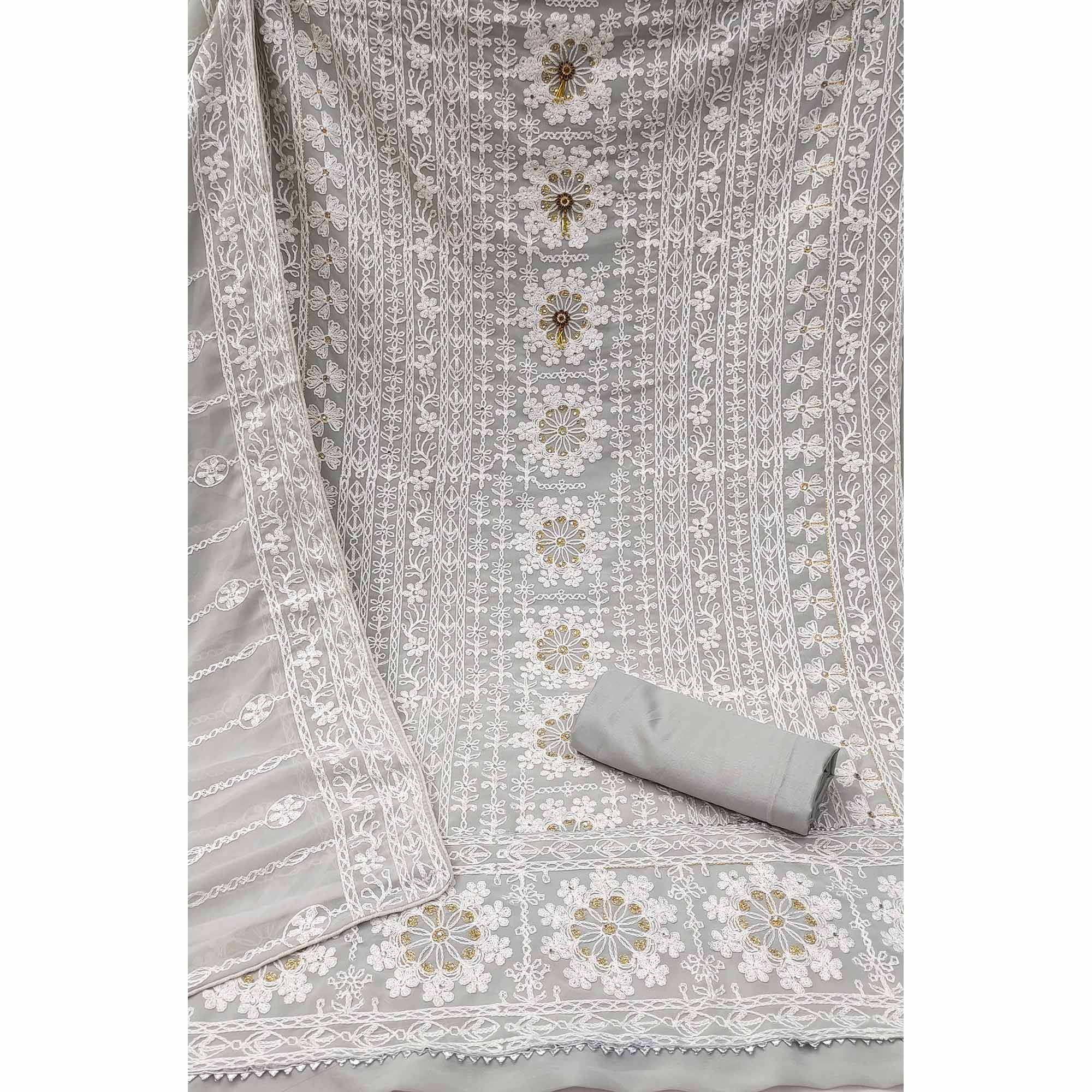 Grey Lucknowi Embroidered Georgette Dress Material