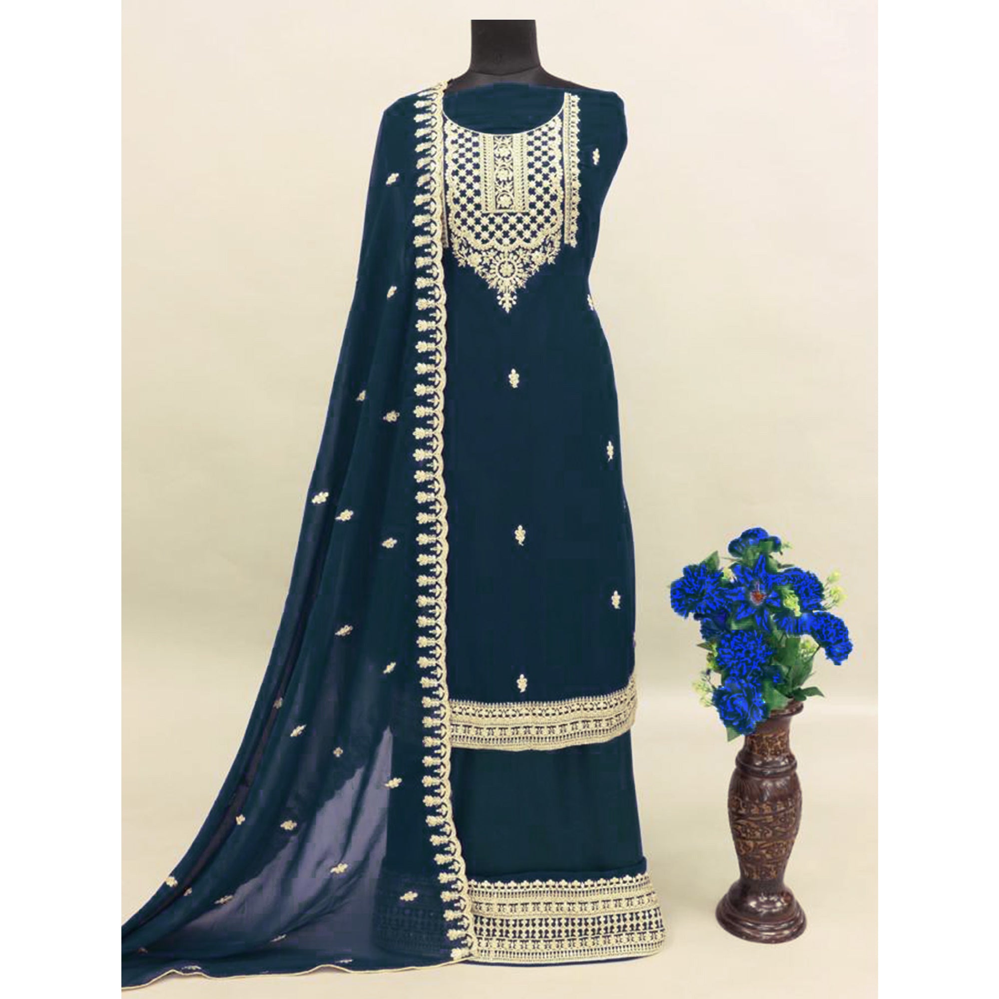 Teal Blue Sequins Embroidered Georgette Palazzo Suit