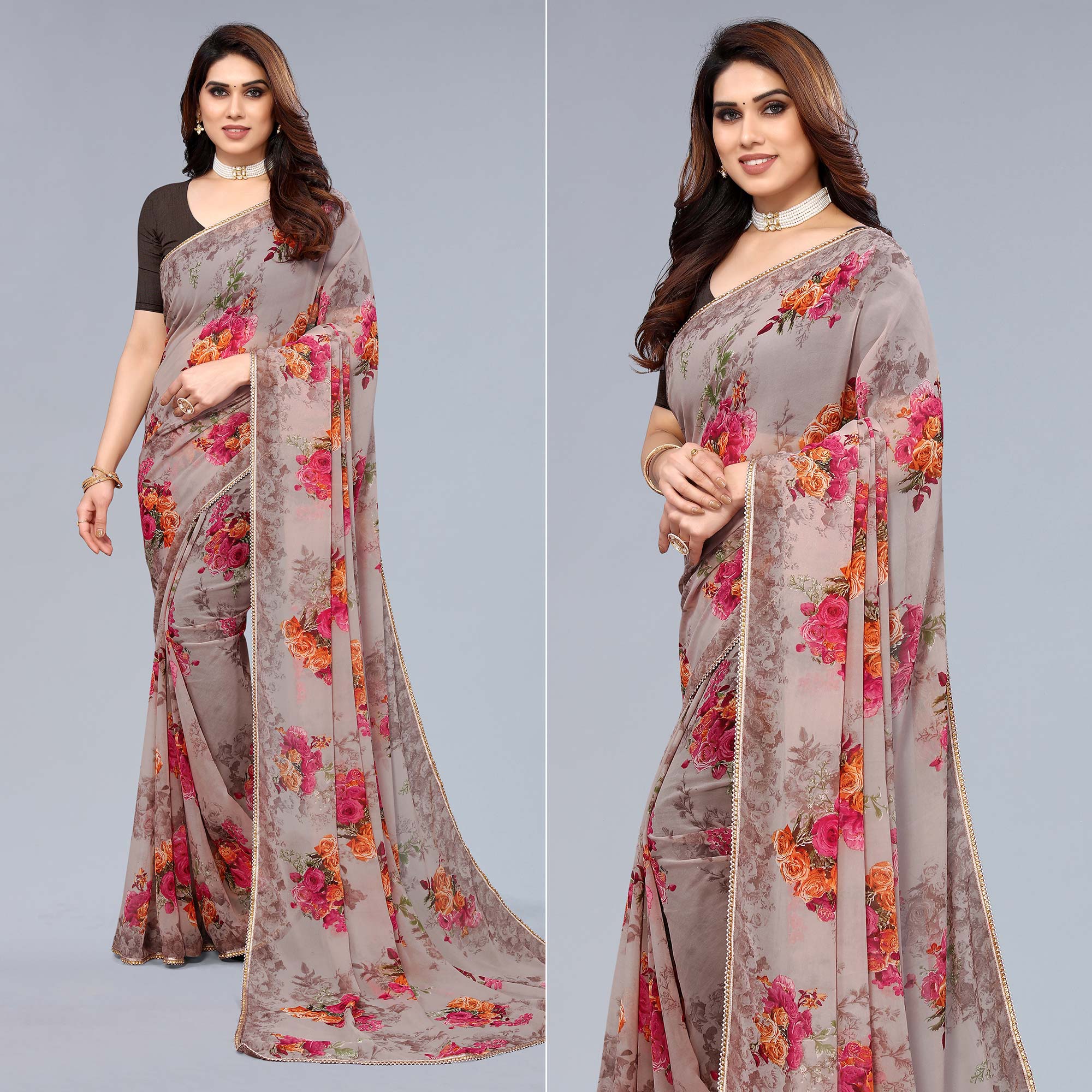 Beige Floral Printed Georgette Saree