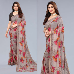 Beige Floral Printed Georgette Saree