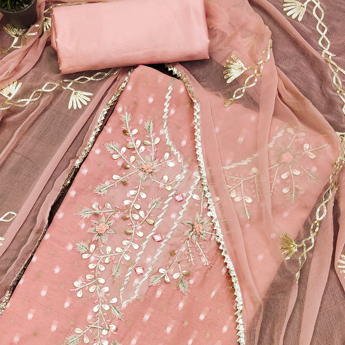 Pink Woven Chanderi Dress Material