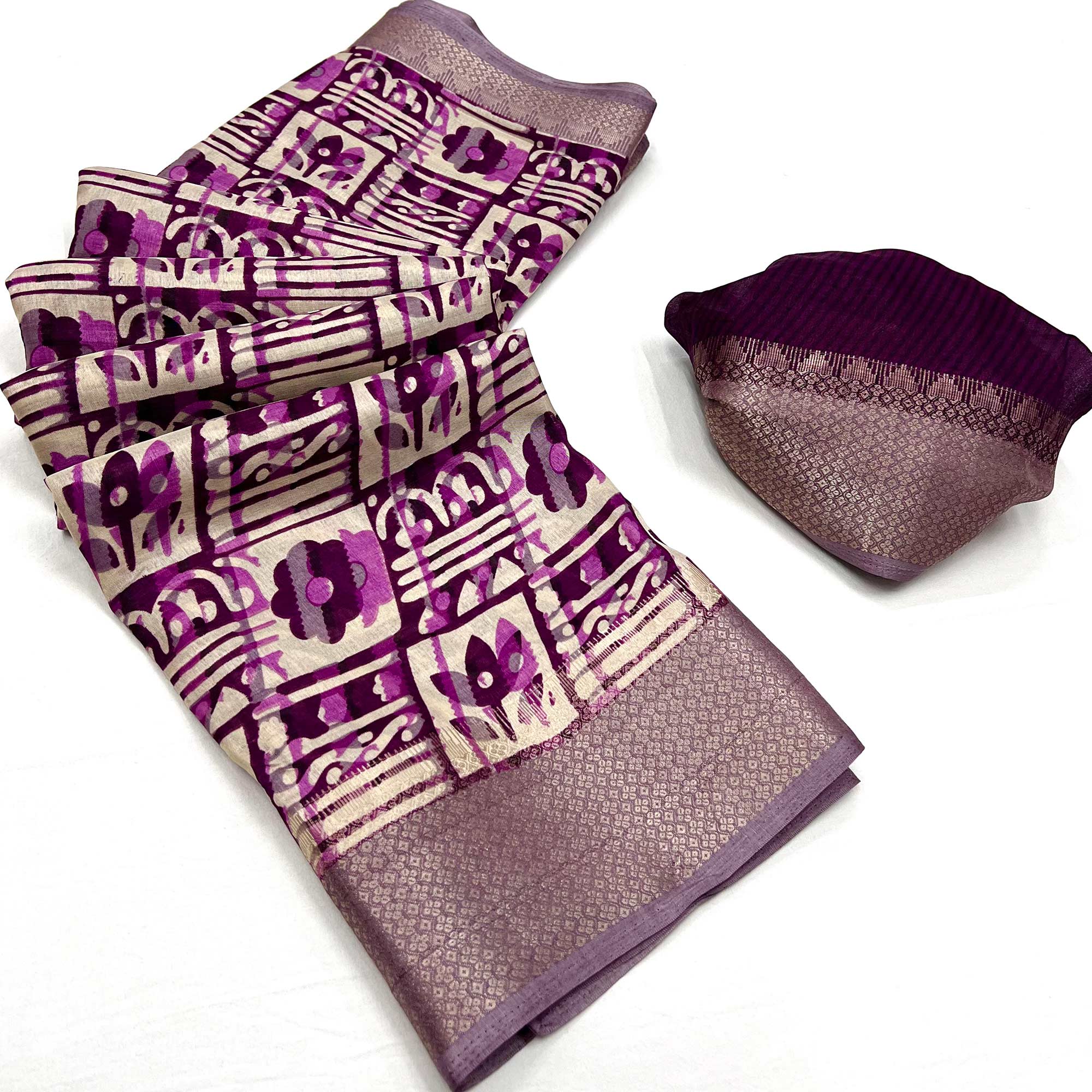 Purple Printed With Woven Border Dola Silk Saree