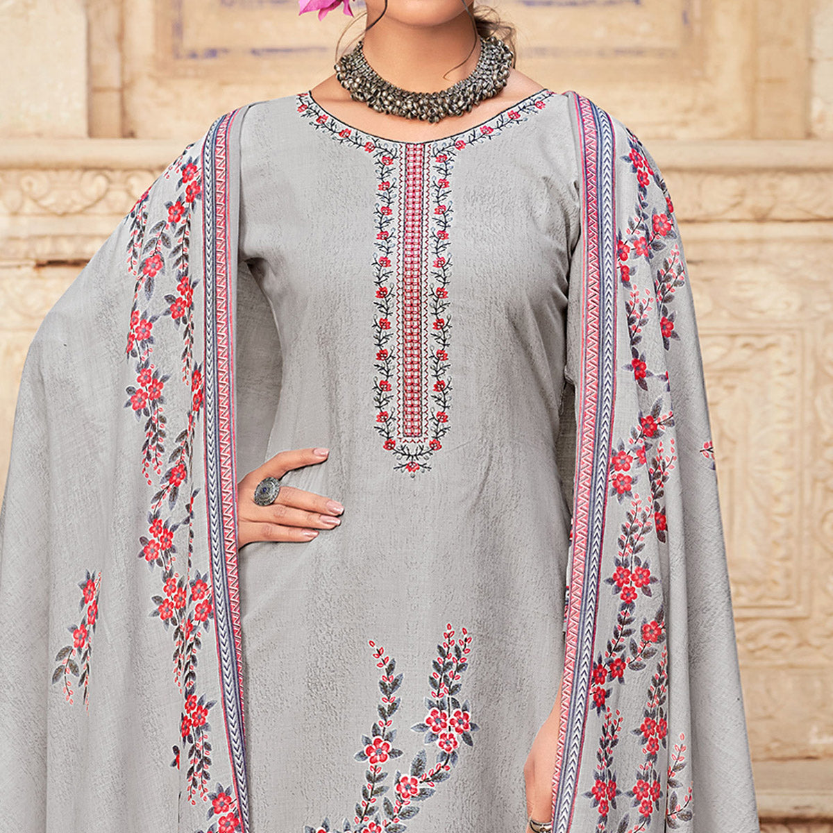 Grey Floral Printed With Embroidered Pure Cotton Palazzo Suit