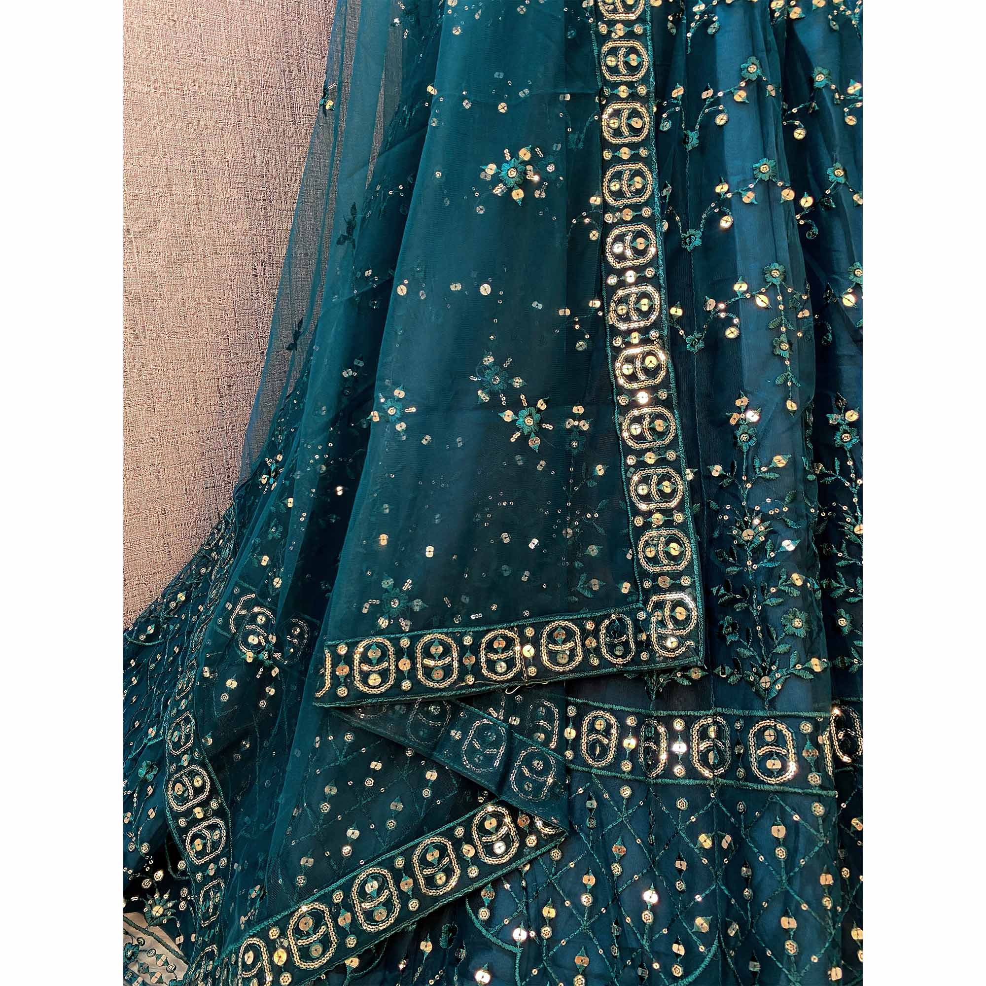 Teal Blue Sequins Embroidered Netted Lehenga Choli