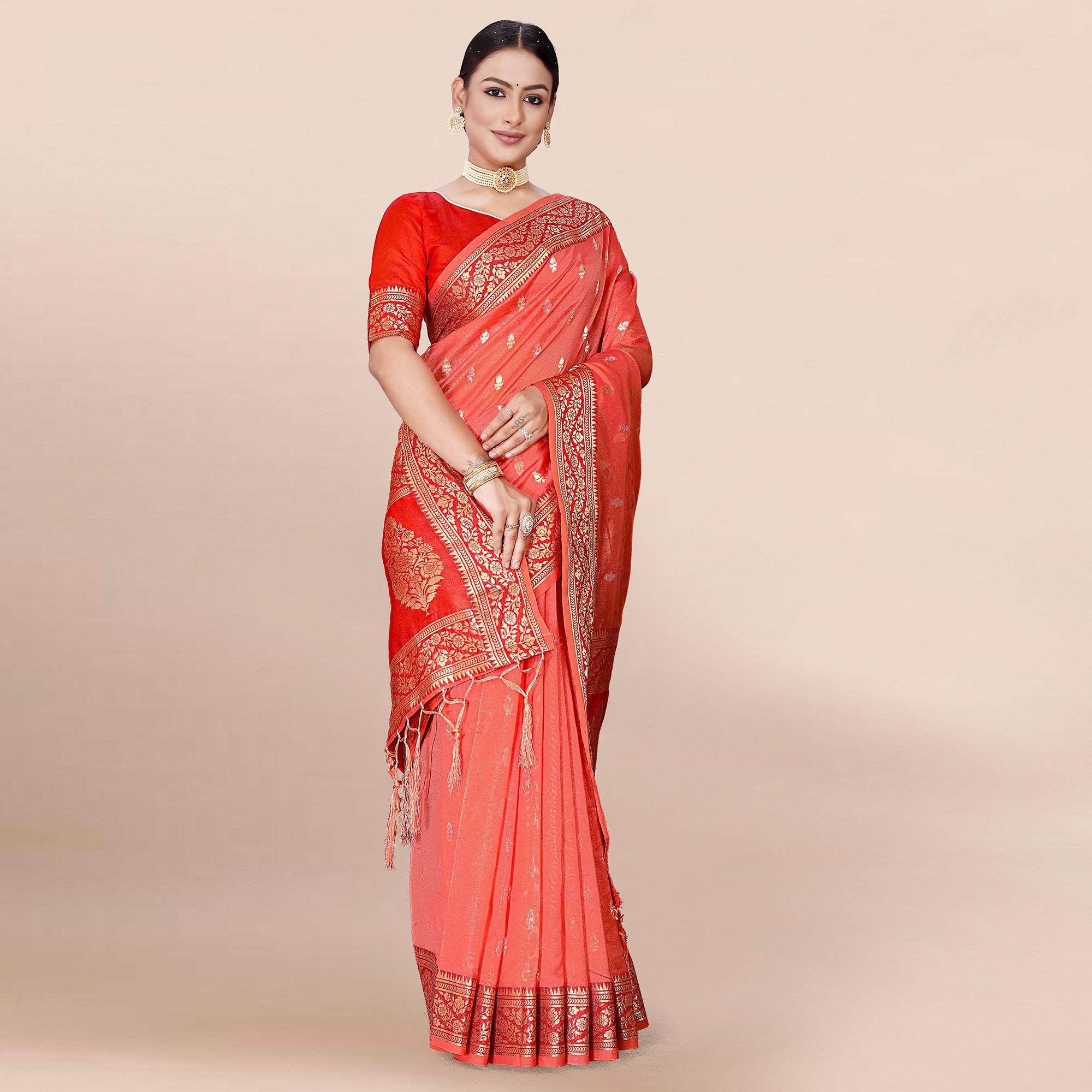 Pink Woven Organza Saree With Tassels