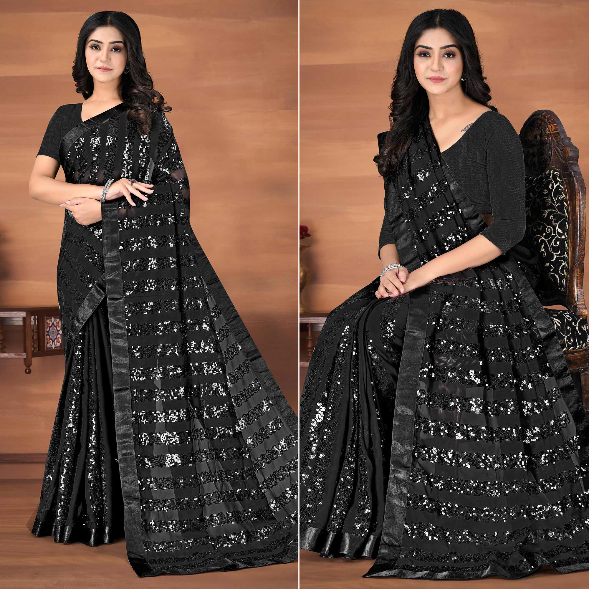 Black Sequins Embroidered Georgette Saree