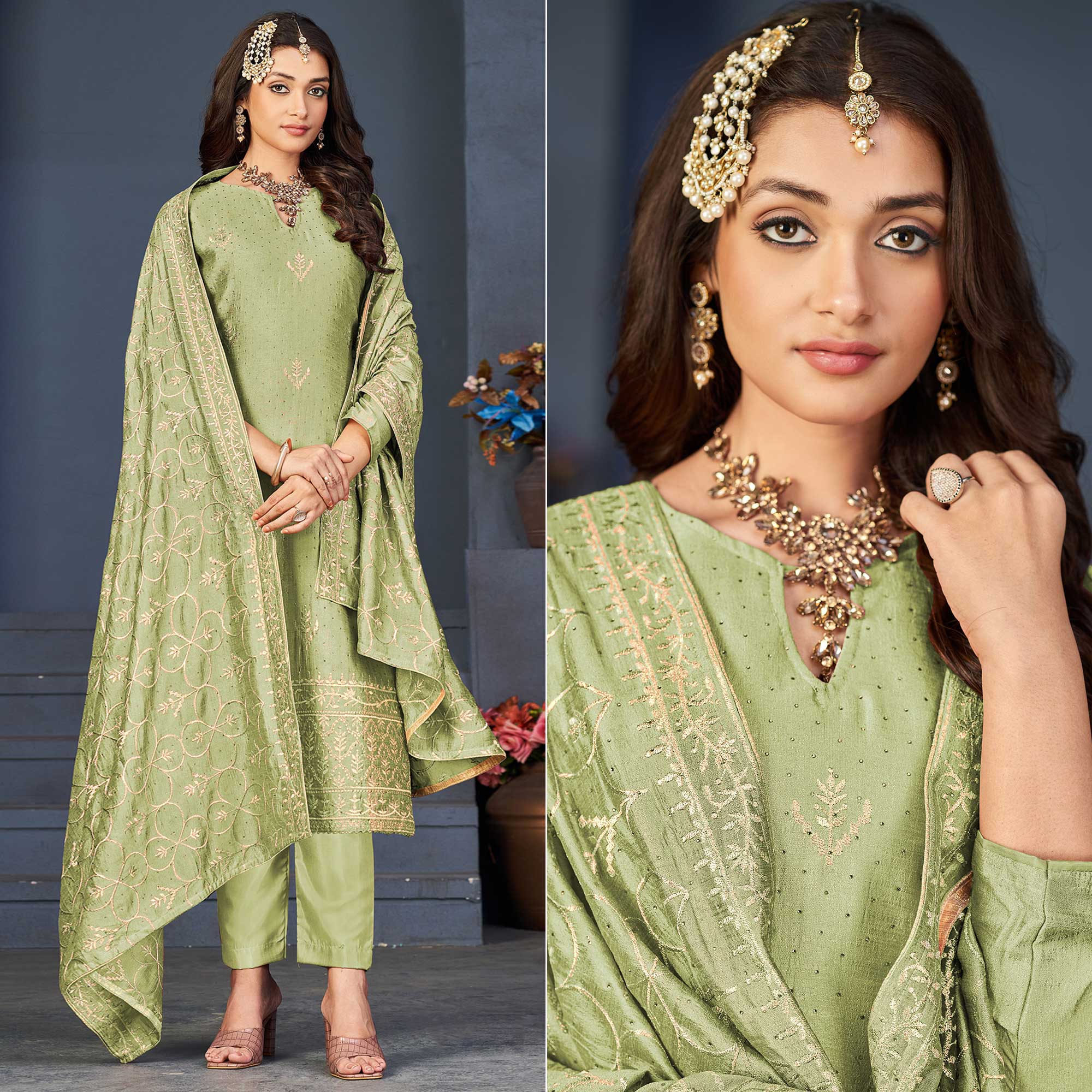 Pista Green Sequins Embroidered Dola Silk Suit