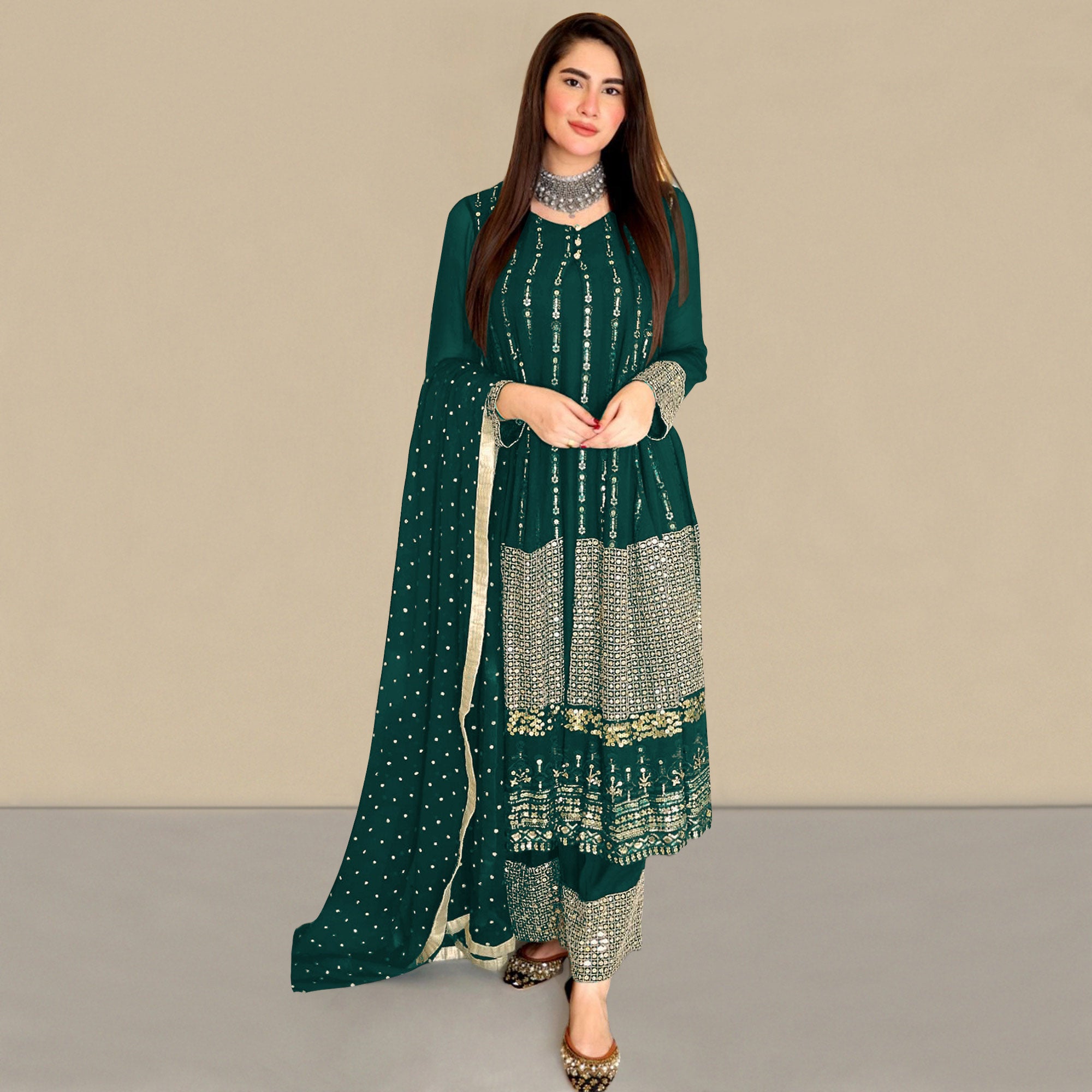 Green Sequins Embroidered Georgette Pakistani Suit