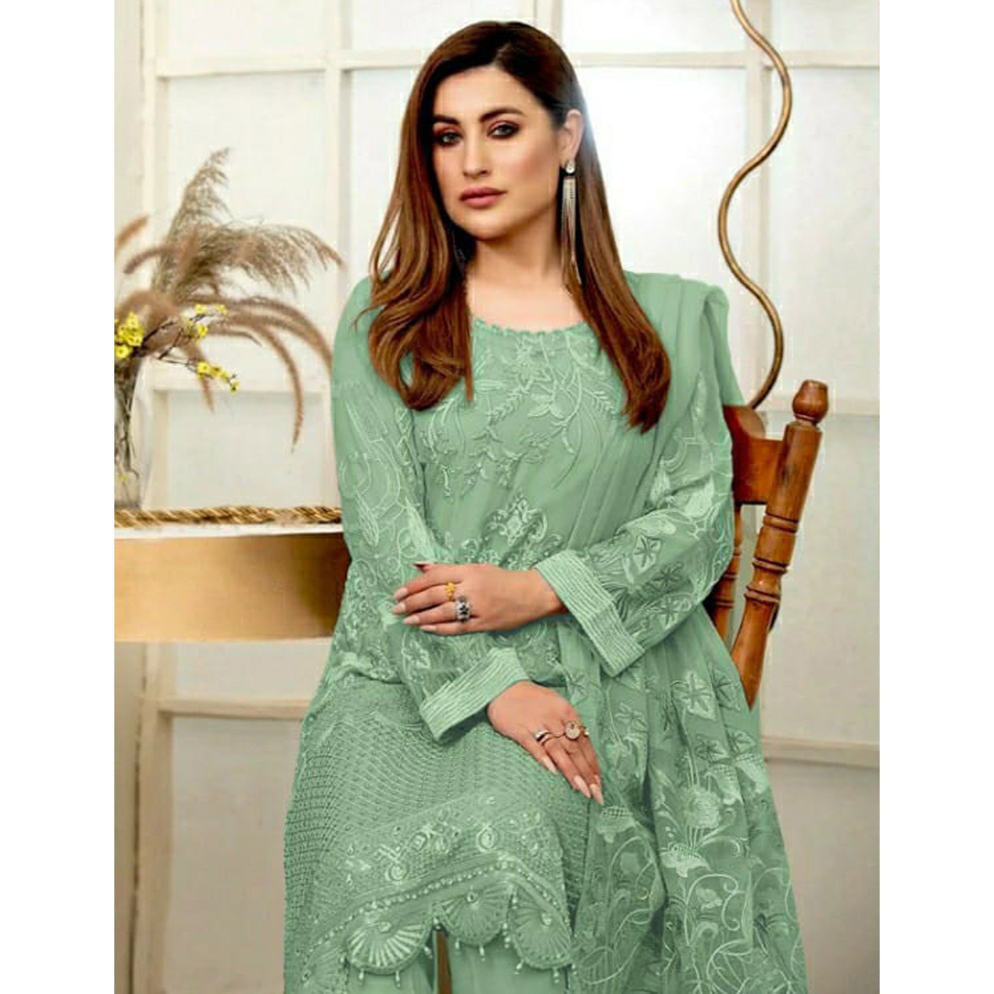 Sea Green Embroidered Georgette Pakistani Suit