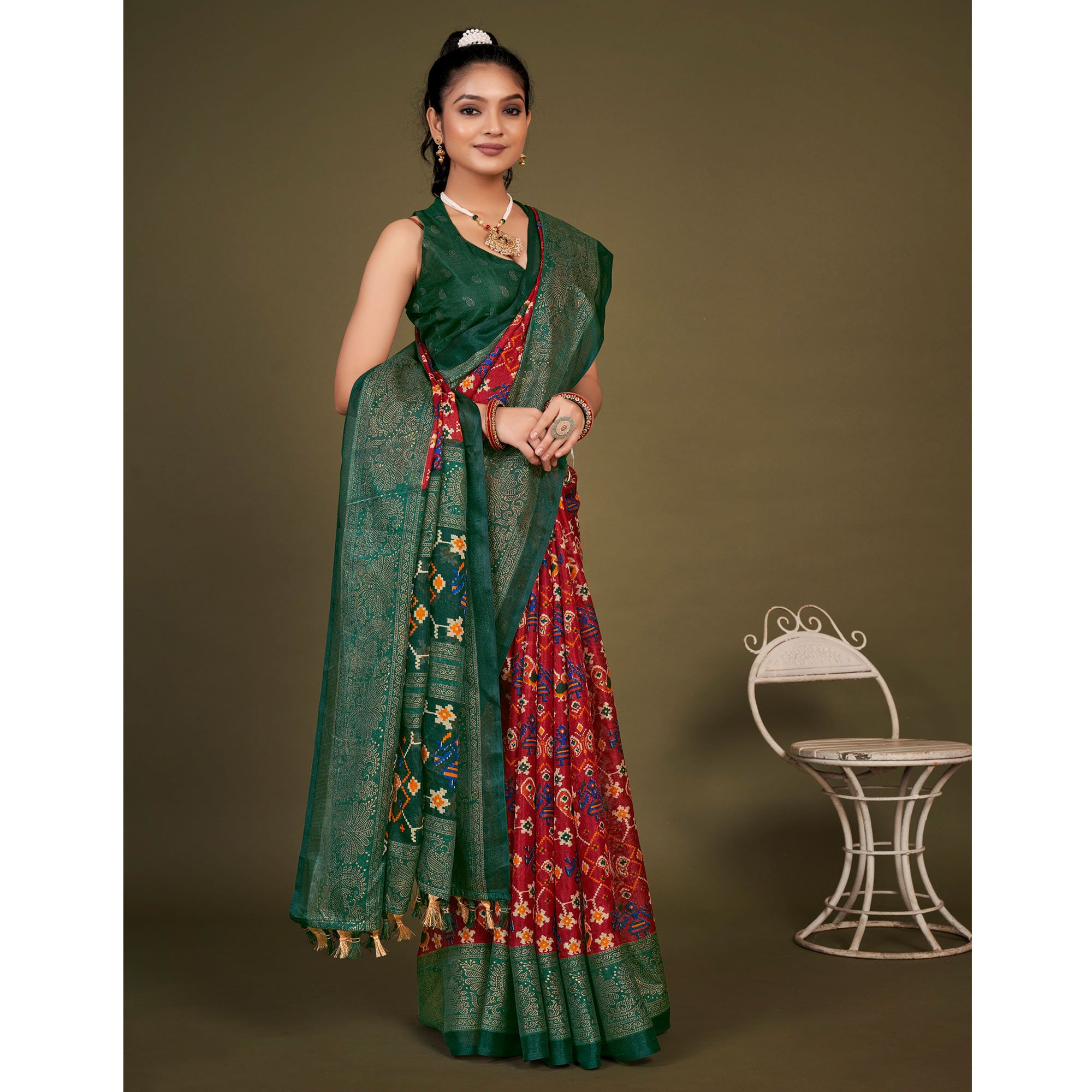 Red Printed Jute Patola Saree With Tassels