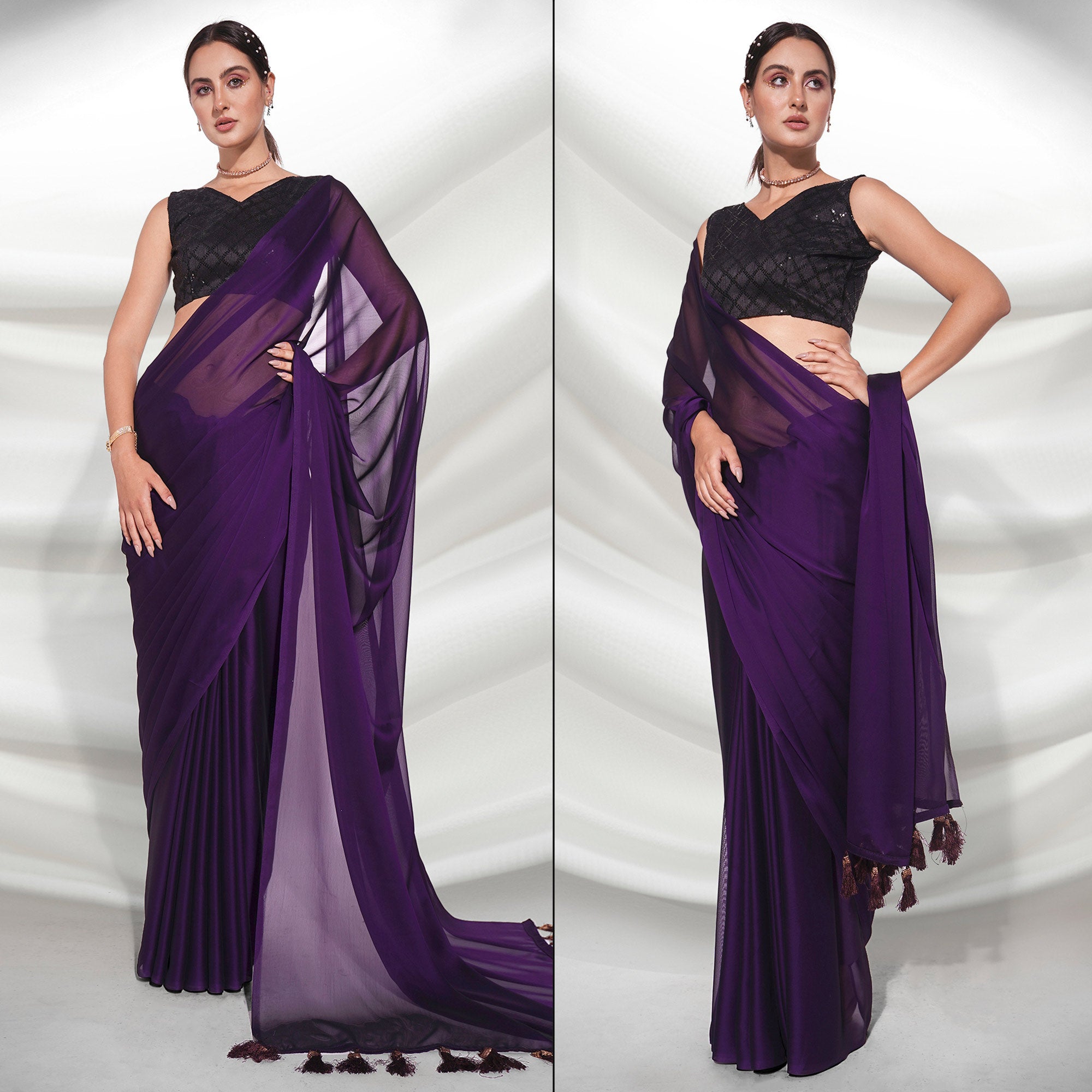 Dark Violet Solid Georgette Saree