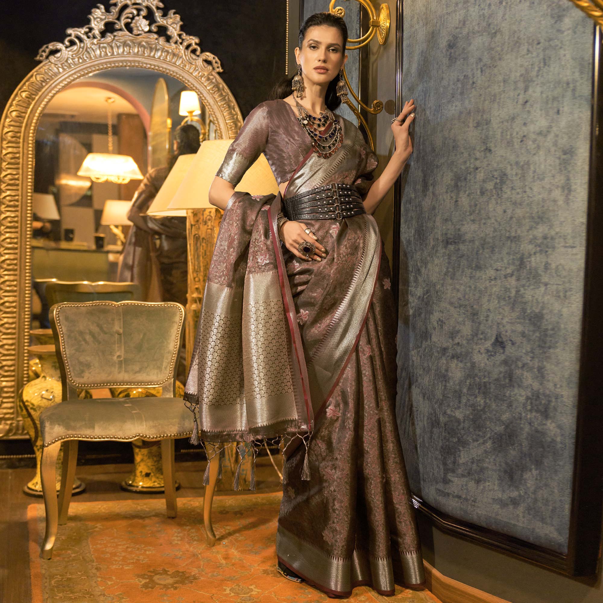 Coffee Brown Woven Organza Saree With Tassels