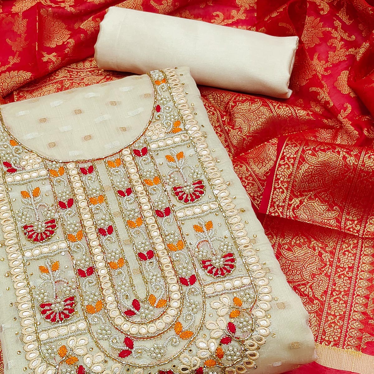 Cream Woven With Handwork Banarasi Silk Dress Material