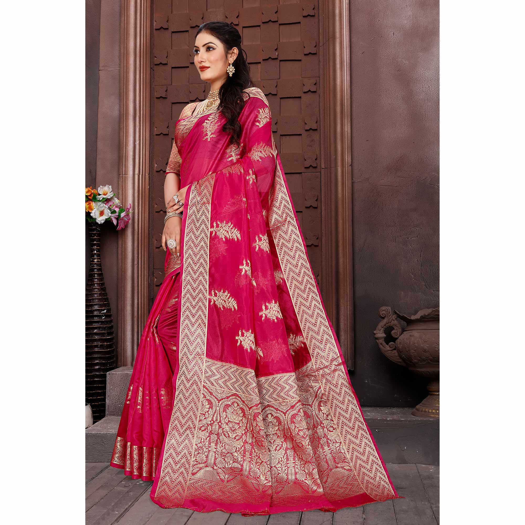 Rani Pink Floral Woven Organza Saree