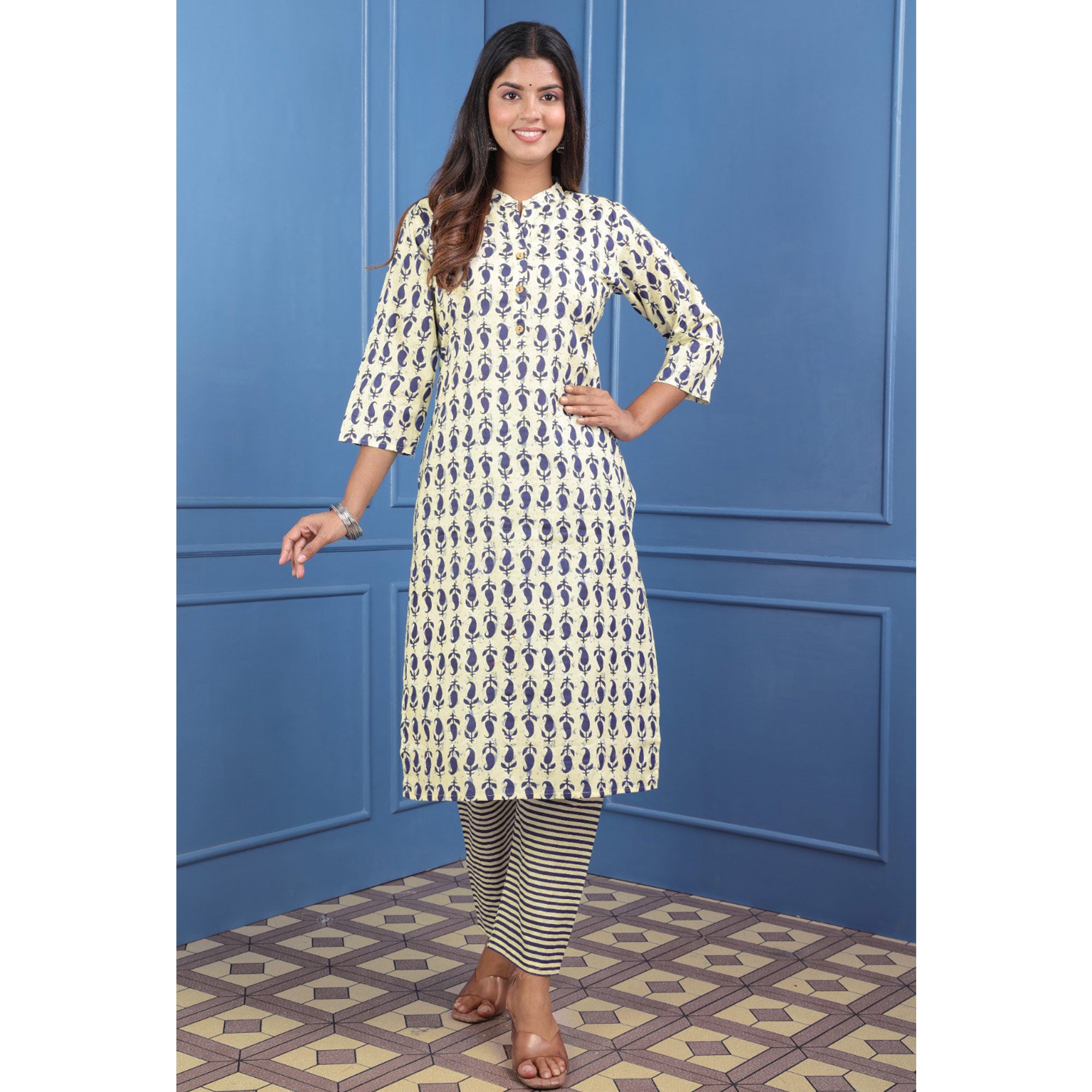 Cream Blue Floral Printed Pure Cotton Suit