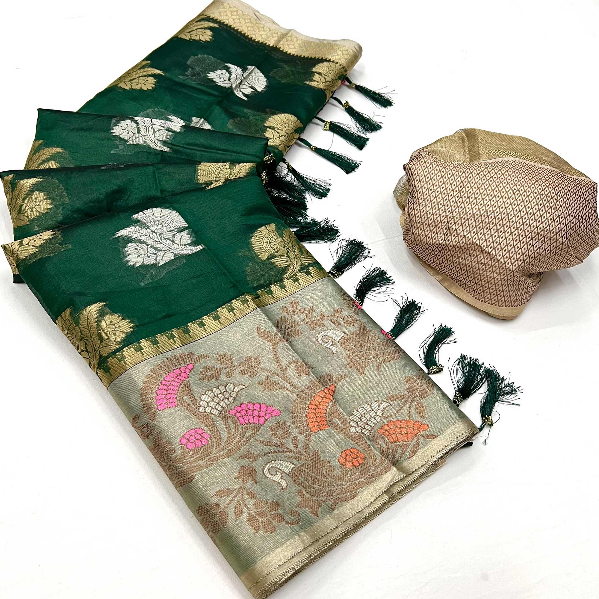 Bottle Green Floral Woven Organza Saree With Tassels